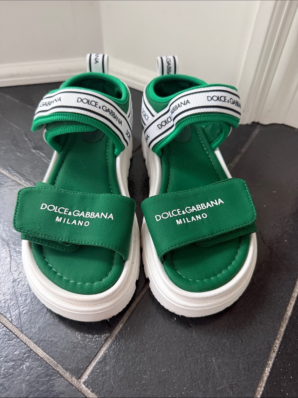 Dolce & Gabbana Kids Green Logo Strap Sandals with White Sole
